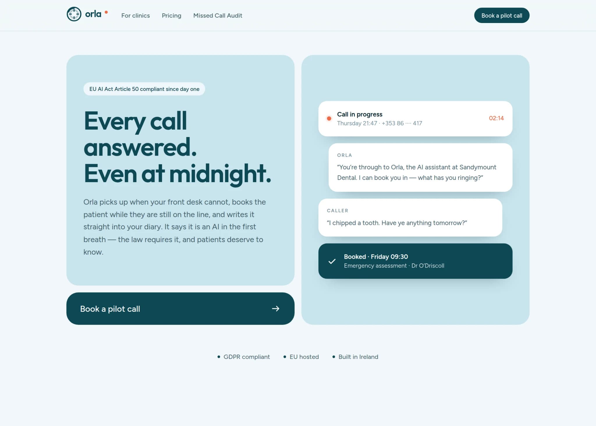 Orla AI receptionist landing page with call and booking example